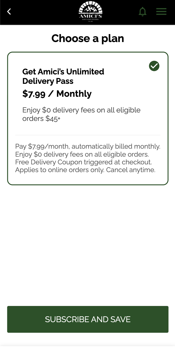 Amici's Unlimited Delivery Pass — Choose a plan, $7.99/month