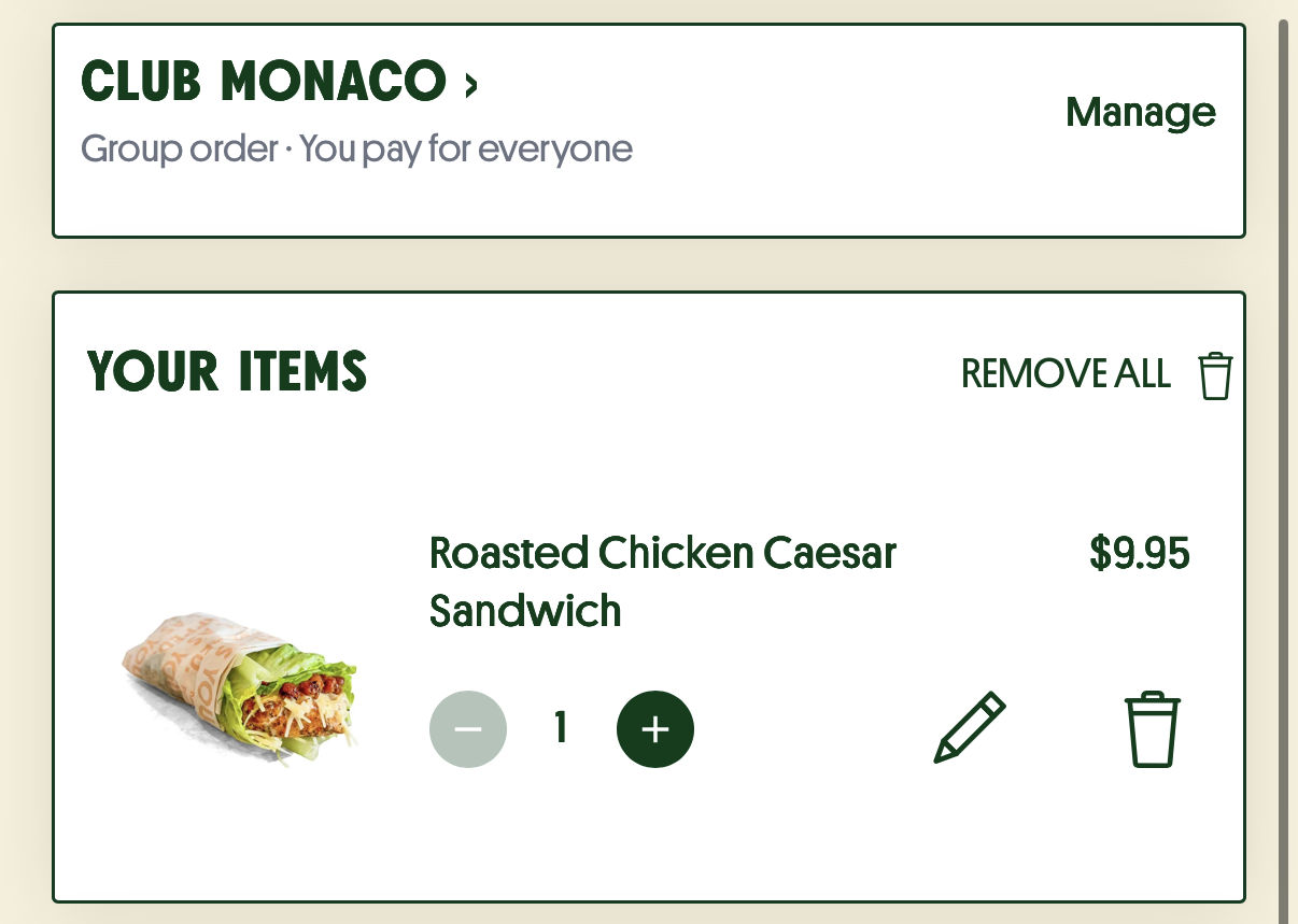 Group order cart ready to submit