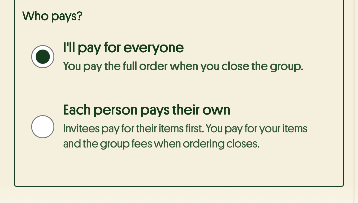 Choose who pays screen — pay for everyone or split